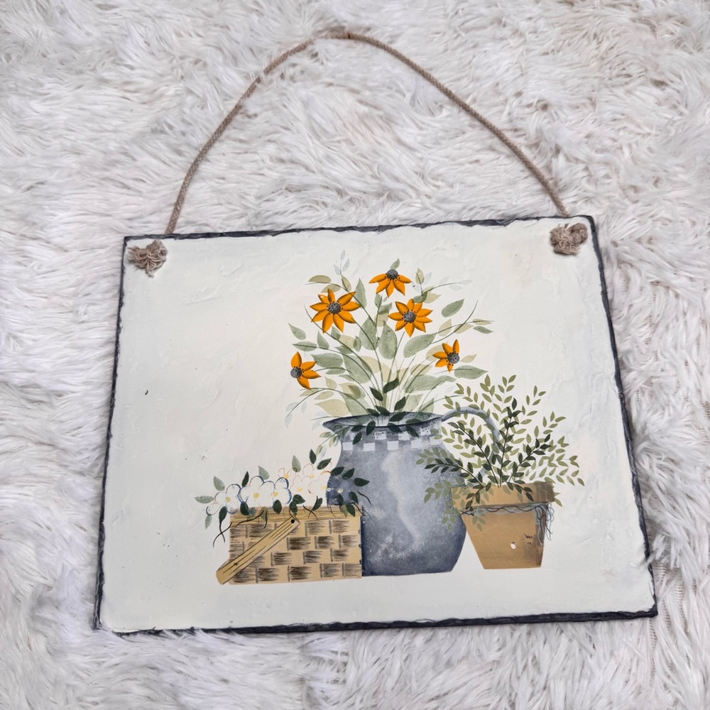 90’s Cottagecore Floral Painted Slate Wall Hanging Plaque Sign